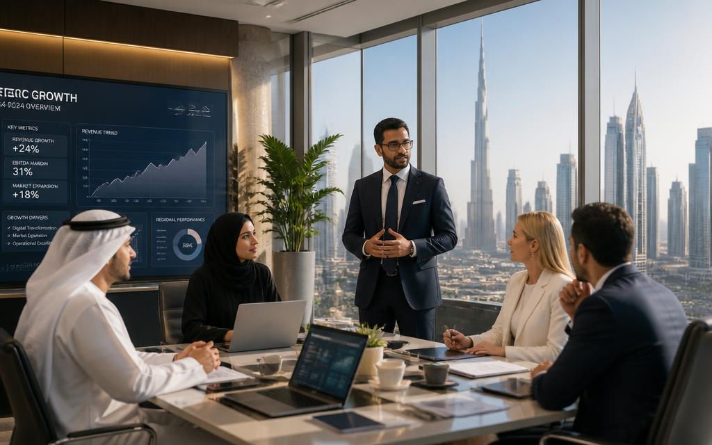 Executive team collaborating in a modern office overlooking a Gulf city skyline